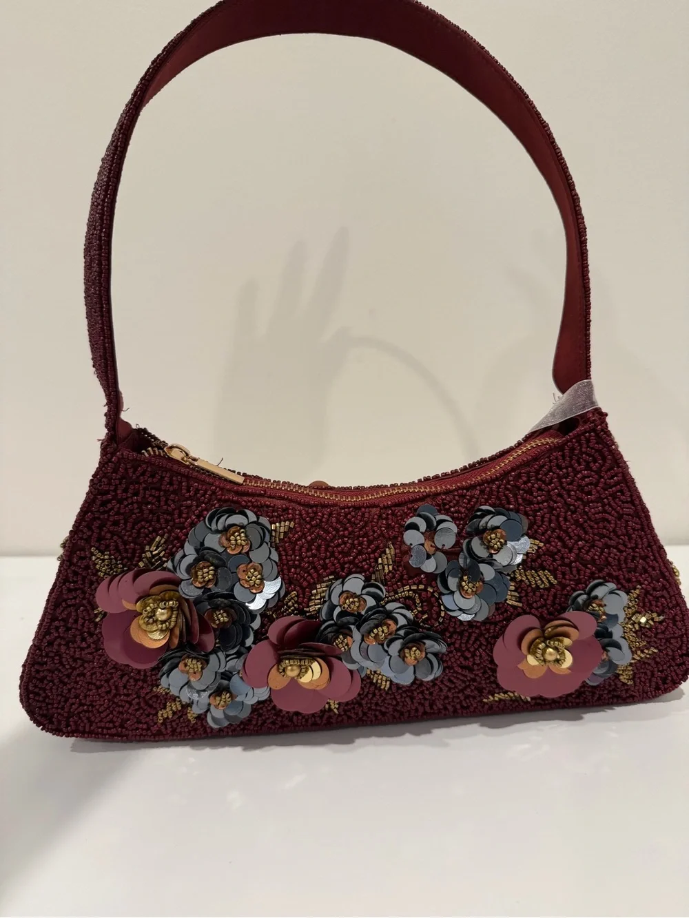 Embellished Floral Beaded Shoulder Bag - Burgundy